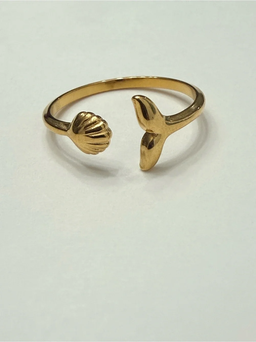 Gold Plated Open Cuff Ring with Shell and Whale Tail Accents Size 6 Adjustable
